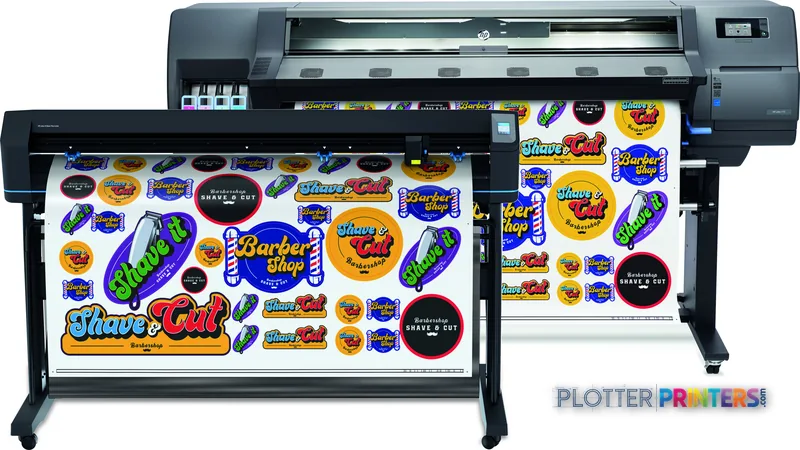 HP Latex 115 Print and Cut Plus Solution front view showing two large-format printers with colorful printed sticker designs
