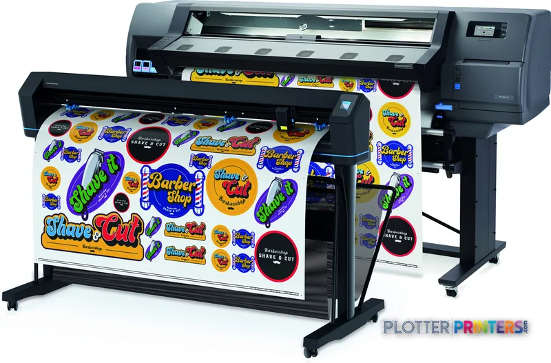 HP Latex 115 Print and Cut Plus Solution front-left view showing two large-format printers with colorful printed stickers an…