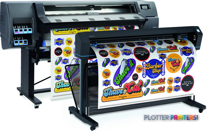 HP Latex 115 Print and Cut Plus Solution front-right view showing printer with ink cartridges and cut decal output