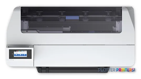 Epson SureColor T3170M large format printer product image showing white and black design with open top feed mechanism and fr…