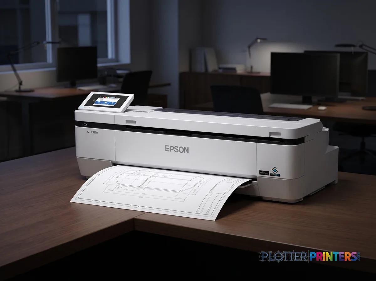 Epson SureColor T3170M large format printer Wi-Fi Colour 2400 x 1200 DPI A1 (594 x 841 mm) Ethernet LAN in an engineering office with a technical drawing at its print slot (staged scene from manufacturer product photography)