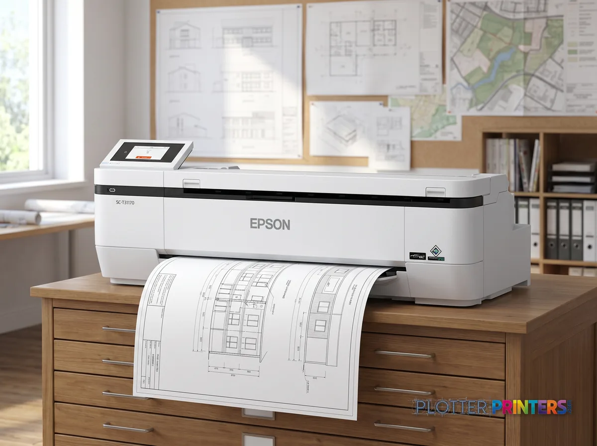 Epson SureColor T3170M large format printer Wi-Fi Colour 2400 x 1200 DPI A1 (594 x 841 mm) Ethernet LAN in a plan room beside flat-file drawers, printing a CAD elevation (staged scene from manufacturer product photography)