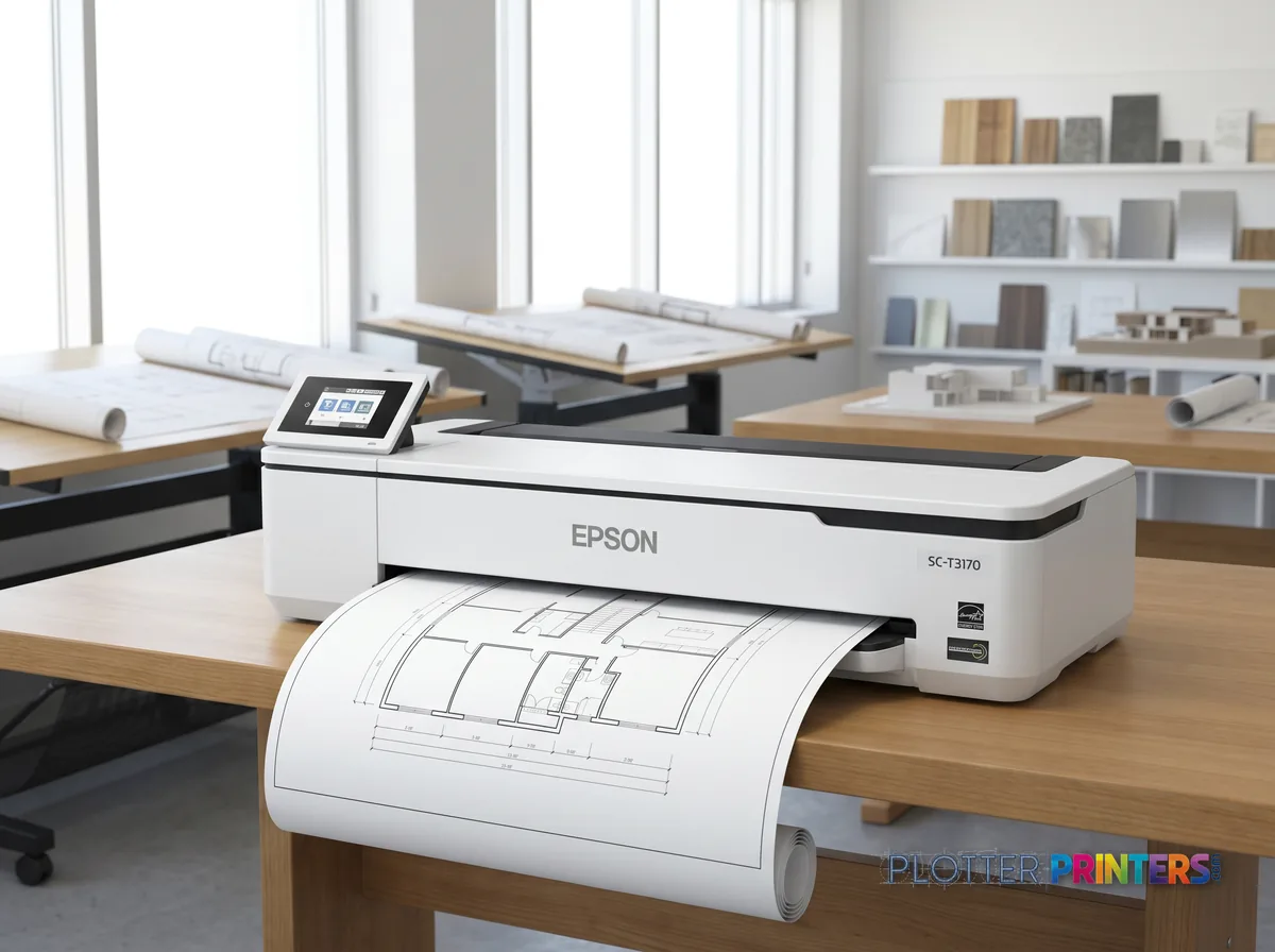 Epson SureColor T3170M large format printer Wi-Fi Colour 2400 x 1200 DPI A1 (594 x 841 mm) Ethernet LAN in a bright architecture studio, printing a large floor plan (staged scene from manufacturer product photography)
