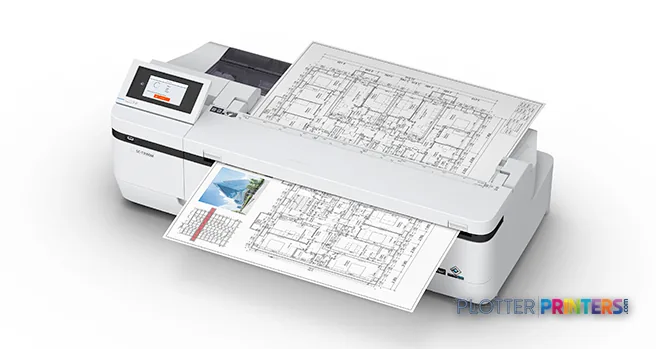 Epson SureColor T3160M large format printer product image showing white and black inkjet printer with architectural blueprin…