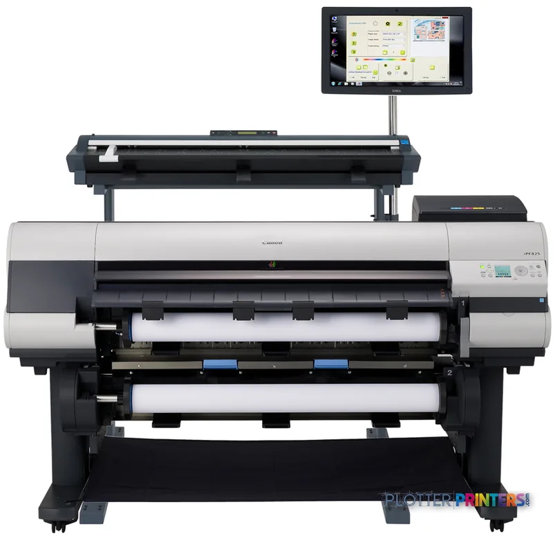 Canon imagePROGRAF iPF825 large-format inkjet printer with dual paper rolls and touchscreen display