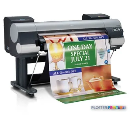 Canon imagePROGRAF iPF8300S large-format printer product image showing the device printing a colorful promotional banner
