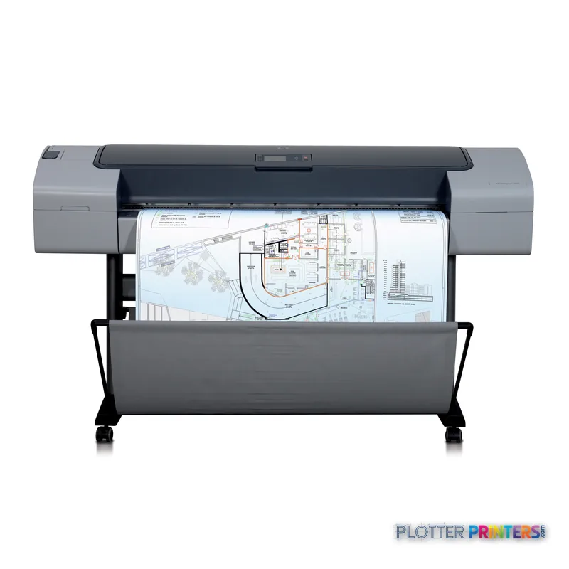 HP Designjet T610 44-in Printer product image showing the large-format printer with architectural blueprint output