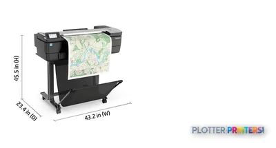 HP DesignJet T830 36-in Multifunction Printer with annotated dimensions showing a map print output