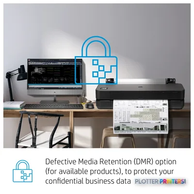 HP DesignJet T830 36-in Multifunction Printer with feature callout showing security lock icon in office workspace