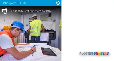 HP DesignJet T830 36-in multifunction printer with workers reviewing large-format prints in an industrial setting