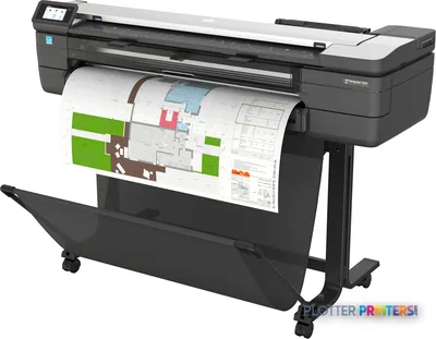 HP DesignJet T830 36-in Multifunction Printer product image showing black printer with architectural drawing output