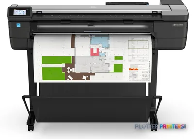 HP DesignJet T830 36-in Multifunction Printer product image showing black printer with architectural floor plan output