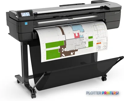 HP DesignJet T830 36-in Multifunction Printer product image showing black printer with architectural floor plan printed on r…