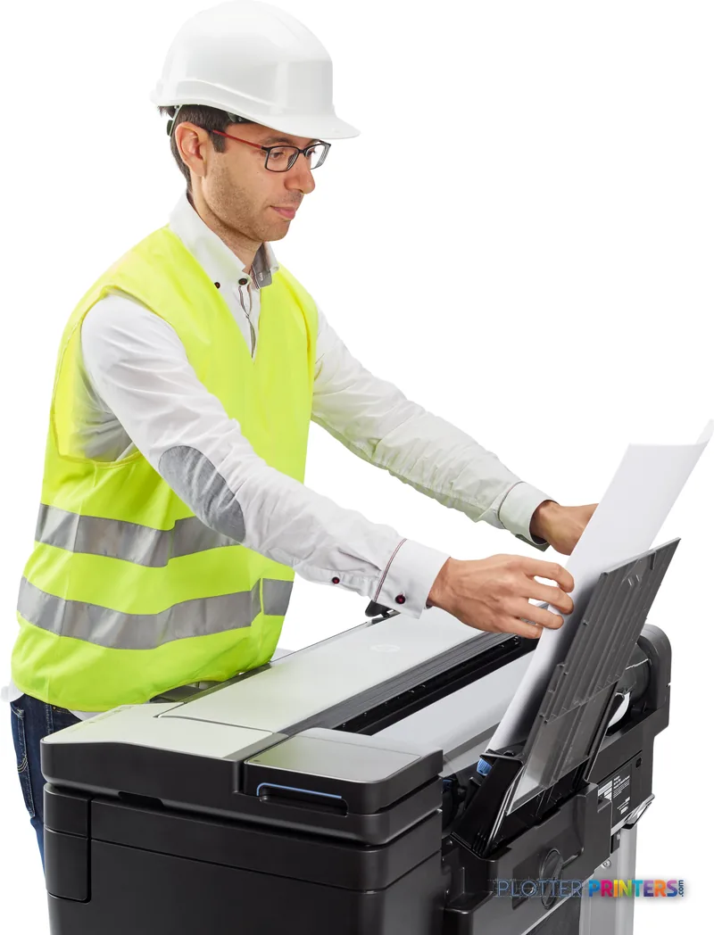 HP DesignJet T830 36-in Multifunction Printer lifestyle image showing a construction worker in safety gear using the printer