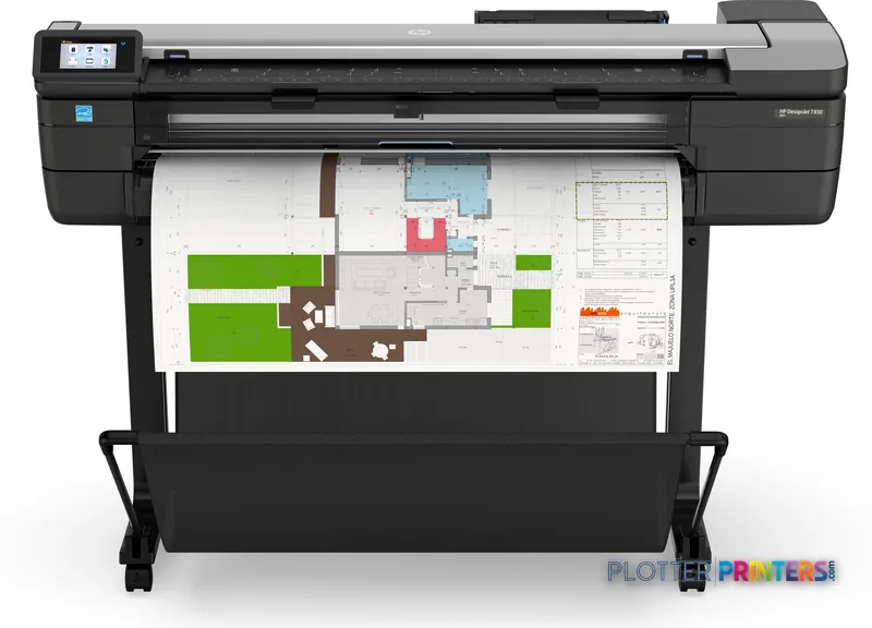 HP DesignJet T830 36-in Multifunction Printer product image showing black printer with architectural floor plan output