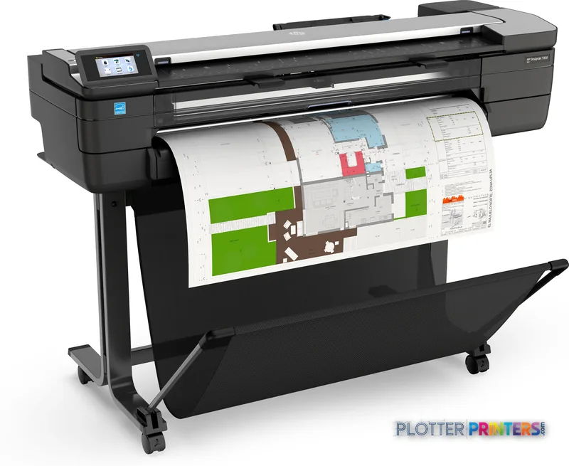 HP DesignJet T830 36-in Multifunction Printer product image showing black printer with architectural floor plan printed on r…