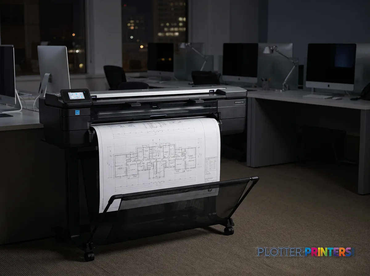 HP DesignJet T830 36-in Multifunction Printer in an engineering office with a technical drawing at its print slot (staged scene from manufacturer product photography)