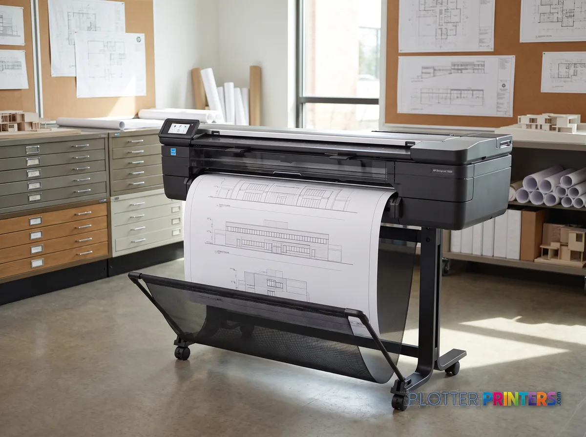 HP DesignJet T830 36-in Multifunction Printer in a plan room beside flat-file drawers, printing a CAD elevation (staged scene from manufacturer product photography)