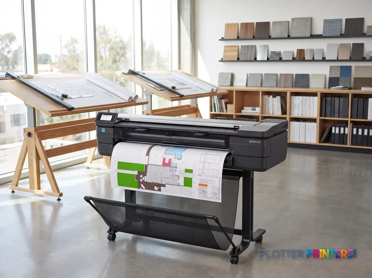 HP DesignJet T830 36-in Multifunction Printer in a bright architecture studio, printing a large floor plan (staged scene from manufacturer product photography)