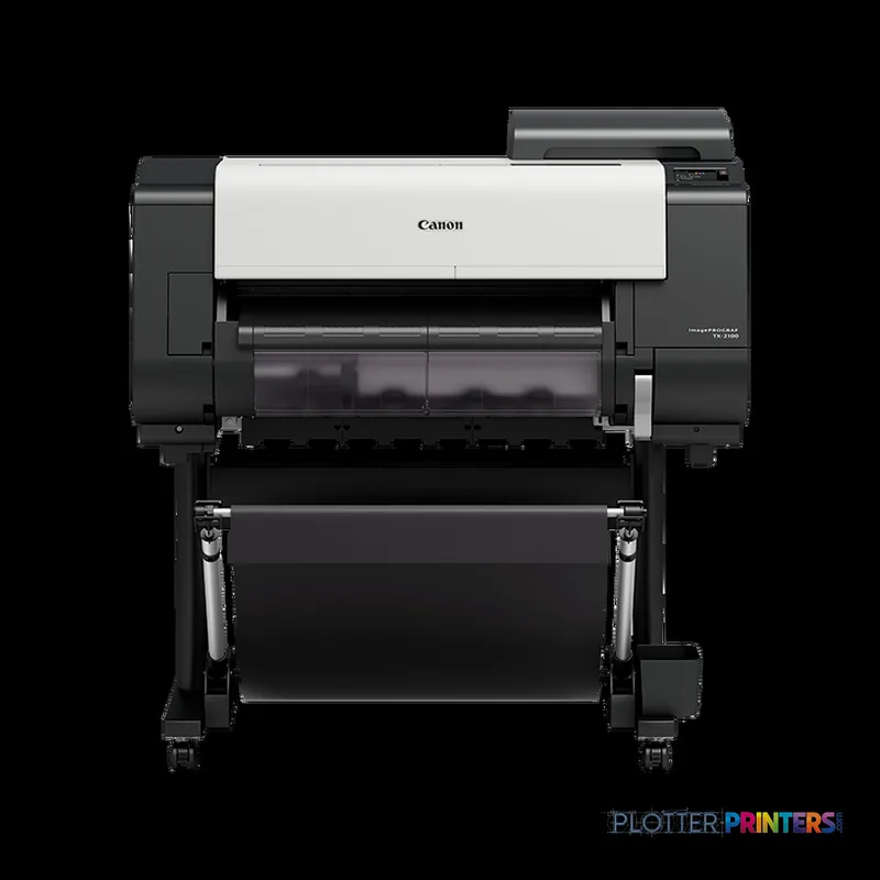 Canon imagePROGRAF TX-2100 large format printer product image showing front view with white top panel and black body on stand