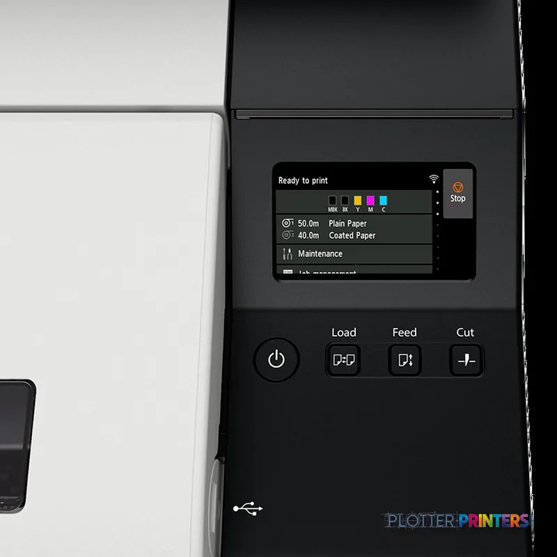 Canon imagePROGRAF TX-2100 product image showing control panel with touchscreen display and operation buttons