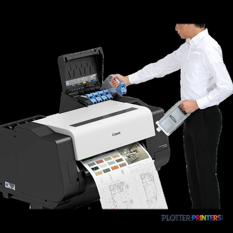 Canon imagePROGRAF TX-2100 product image showing a man replacing ink cartridges in the open cartridge bay