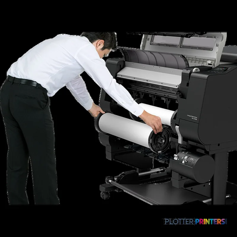 Canon imagePROGRAF TX-2100 product image showing a person loading paper roll into the black and white large format printer
