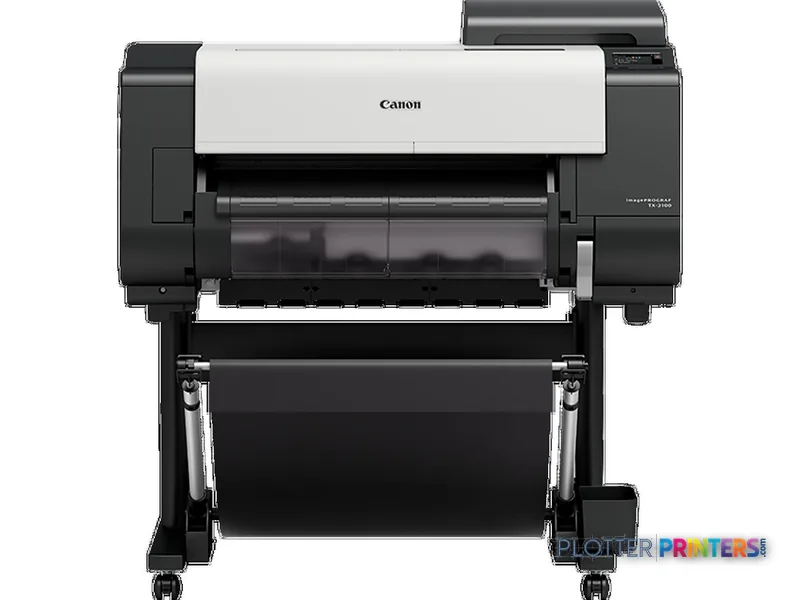 Canon imagePROGRAF TX-2100 large format printer product image showing black and white inkjet printer with roll feed stand