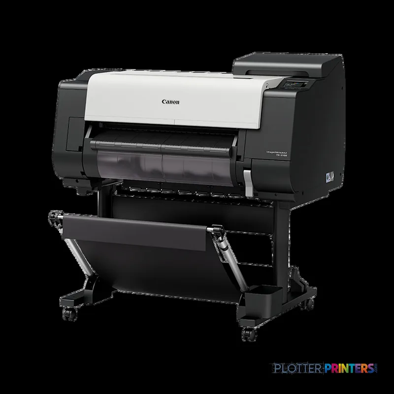 Canon imagePROGRAF TX-2100 large format printer product image showing black and white inkjet printer on stand