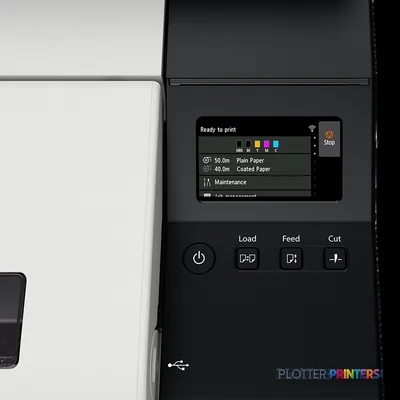 Canon imagePROGRAF TX-3100 product image showing control panel with touchscreen display, power button, and Load, Feed, Cut b…