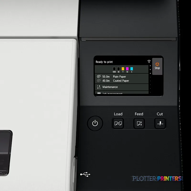 Canon imagePROGRAF TX-3100 product image showing control panel with touchscreen display, power button, and Load, Feed, Cut b…
