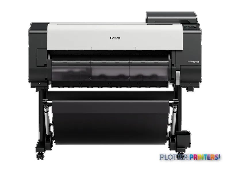 Canon imagePROGRAF TX-3100 large format printer product image showing black and white inkjet printer with roll feed stand