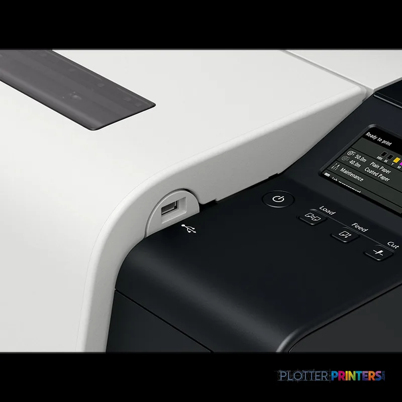 Canon imagePROGRAF TX-3100 product image showing the printer's white and black curved body with control panel and USB port