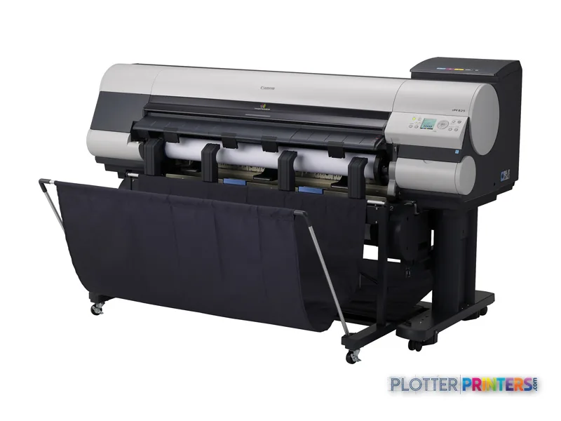 Canon imagePROGRAF iPF825 large-format printer product image showing the full device with paper tray extended