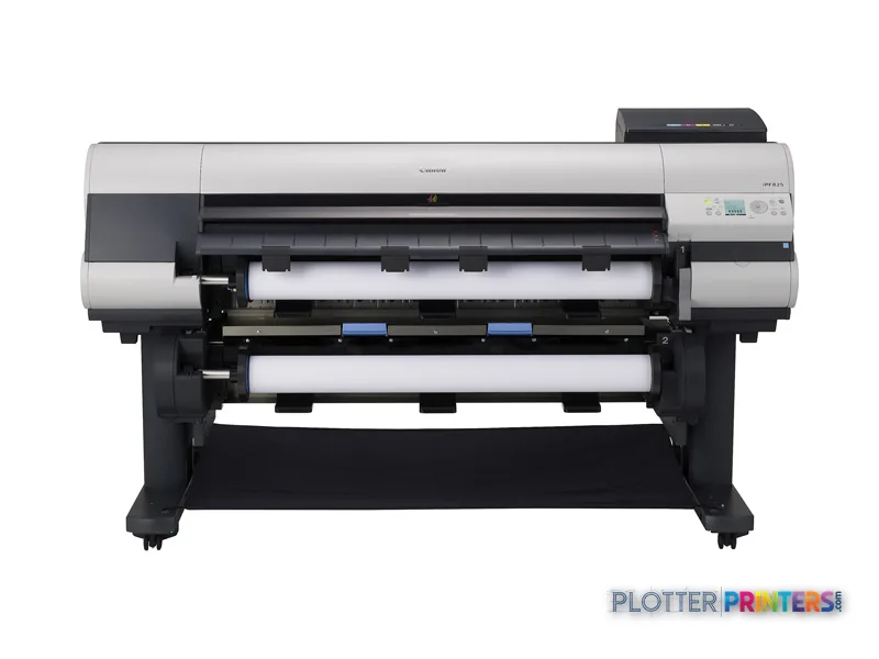 Canon imagePROGRAF iPF825 large format printer product image showing front view with white and black body