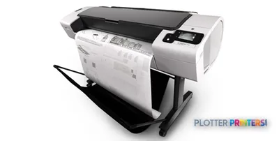 HP Designjet T790 44" large format printer product image showing white printer with black base and paper output