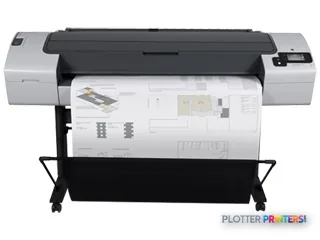 HP Designjet T790 44" large format printer front view showing white and black thermal inkjet printer with paper output tray