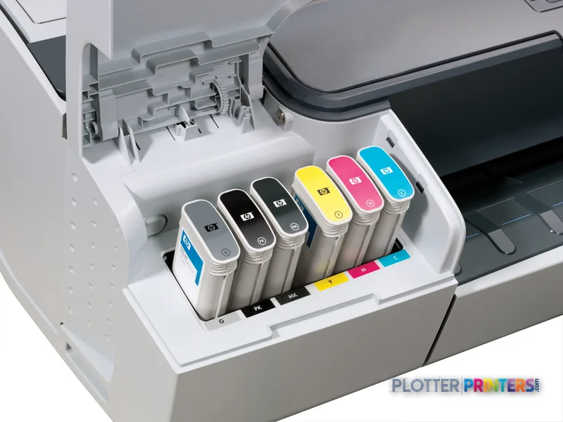 HP Designjet T790 44" printer product image showing open ink cartridge bay with color cartridges