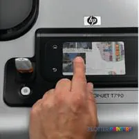 HP Designjet T790 44" printer front view showing touchscreen display with user interaction