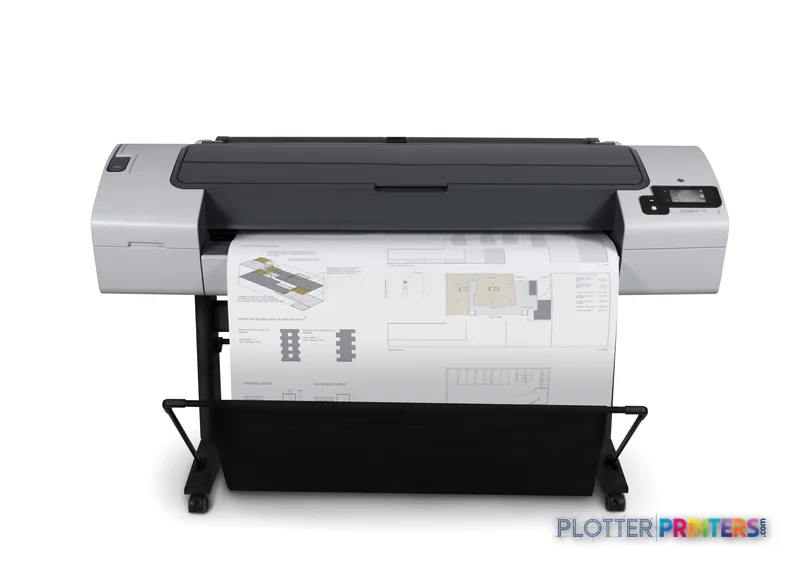 HP Designjet T790 44" large format printer product image showing front view with architectural drawing loaded