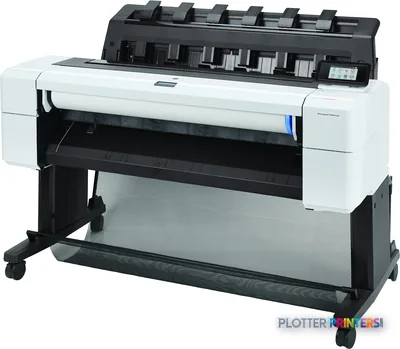 HP Designjet T940 large-format printer product image showing white and black thermal inkjet printer on stand with open paper…