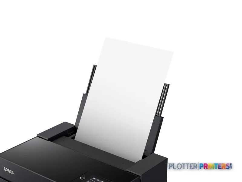 Epson SureColor SC-P700 product image showing black inkjet printer with blank paper loaded in output tray