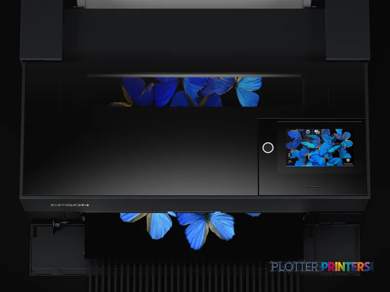 Epson SureColor SC-P700 large format printer product image showing black printer with blue butterfly prints displayed on out…