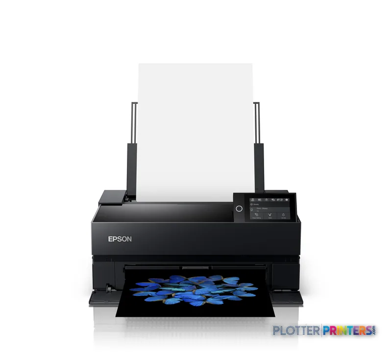 Epson SureColor SC-P700 large format printer product image showing black inkjet printer with output tray extended displaying…