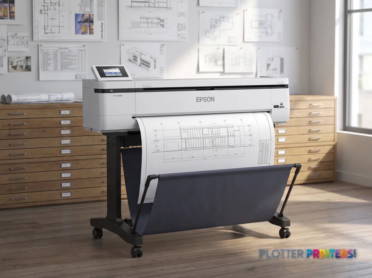 Epson SureColor T5170M large format printer Wi-Fi Inkjet Colour 2400 x 1200 DPI A1 (594 x 841 mm) Ethernet LAN in a plan room beside flat-file drawers, printing a CAD elevation (staged scene from manufacturer product photography)