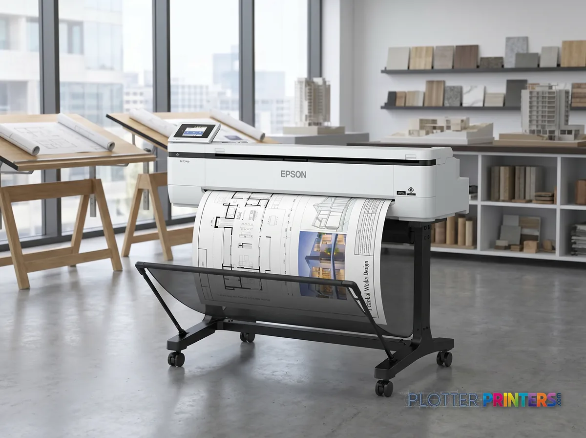 Epson SureColor T5170M large format printer Wi-Fi Inkjet Colour 2400 x 1200 DPI A1 (594 x 841 mm) Ethernet LAN in a bright architecture studio, printing a large floor plan (staged scene from manufacturer product photography)