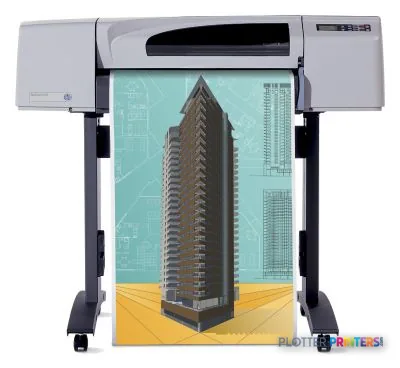 HP Designjet 500 Plus 24-in Roll Printer front view printing architectural rendering of building