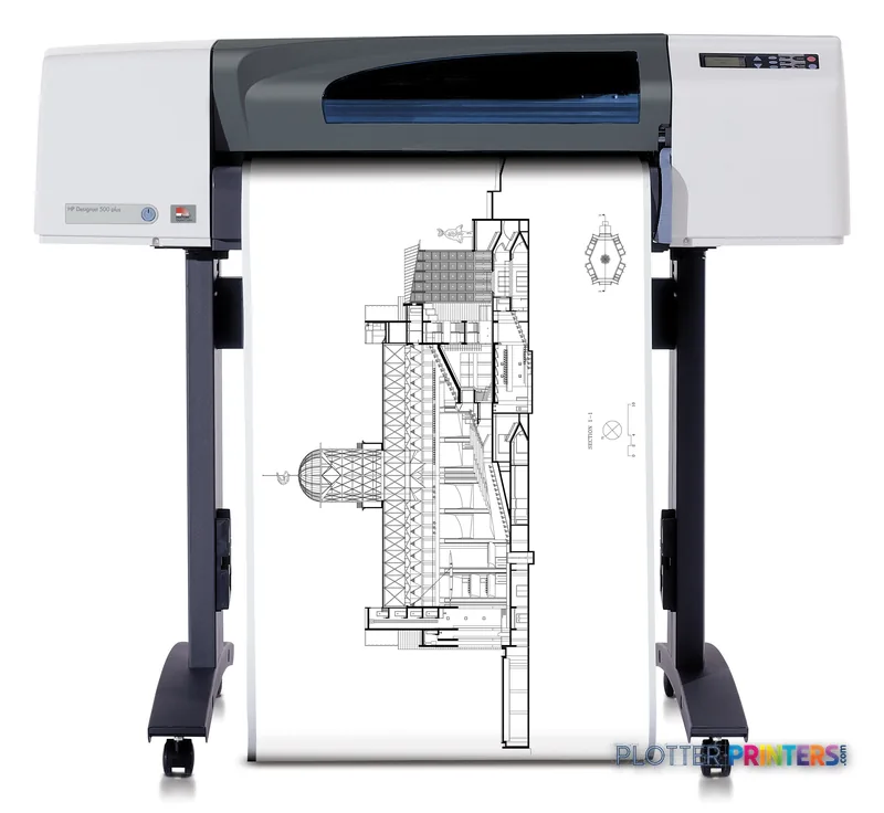 HP Designjet 500 Plus 24-in Roll Printer product image showing the printer with architectural blueprint output