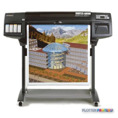 HP DesignJet 1055cm Plus Printer displaying a colorful architectural illustration on its output tray