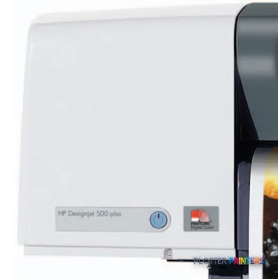 HP Designjet 500 Plus 42-inch printer front view showing white housing with control panel and paper feed mechanism